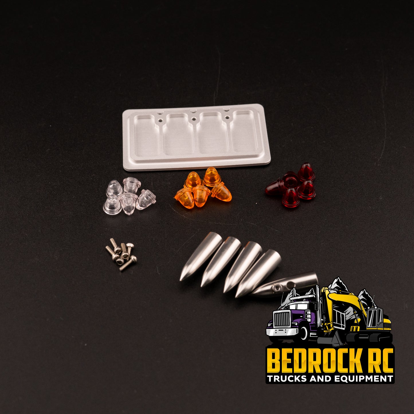 Lesu Semi Roof Marker Lights with pointed caps for 1/14 Tamiya trucks, metal housings ready for paint and optional bulbs.